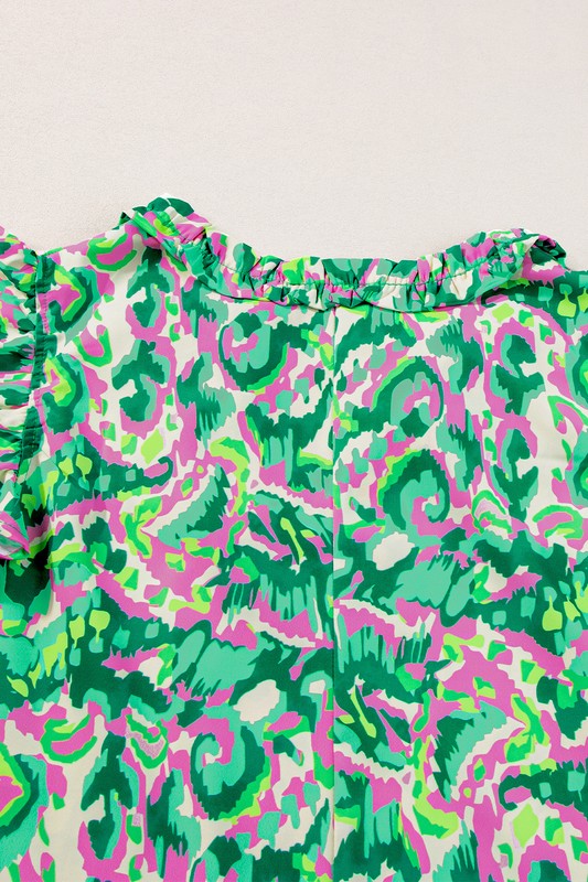 Abstract Ruffled Trim Tied Split Neck Tank Top - Faylinn & Co