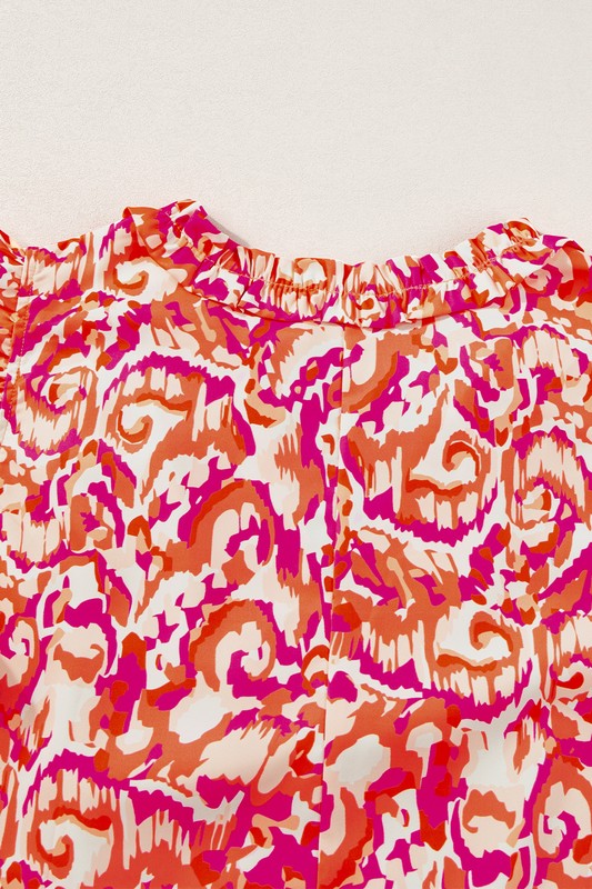 Abstract Ruffled Trim Tied Split Neck Tank Top - Faylinn & Co