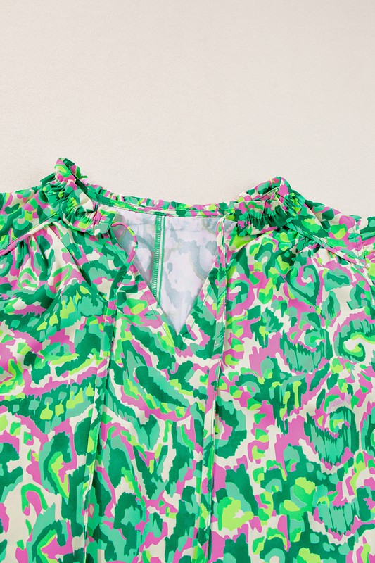 Abstract Ruffled Trim Tied Split Neck Tank Top - Faylinn & Co