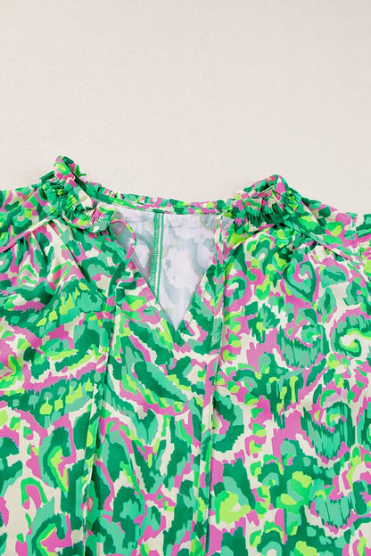 Abstract Ruffled Trim Tied Split Neck Tank Top - Faylinn & Co