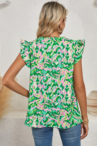 Abstract Ruffled Trim Tied Split Neck Tank Top - Faylinn & Co