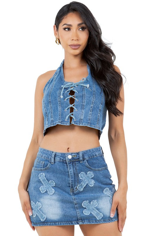 FASHION DENIM TWO PIECE SKIRT SET - Faylinn & Co