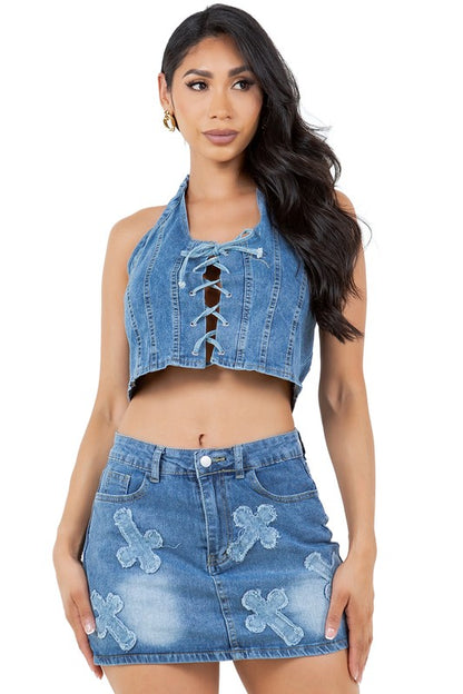 FASHION DENIM TWO PIECE SKIRT SET - Faylinn & Co
