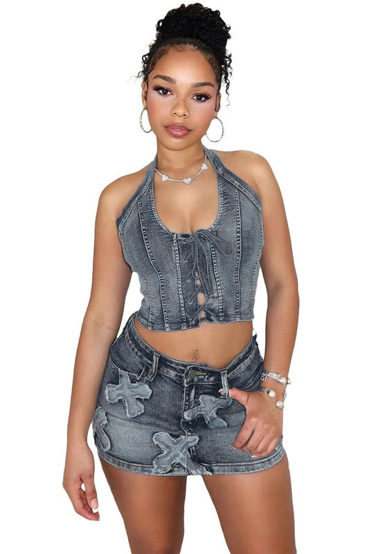 FASHION DENIM TWO PIECE SKIRT SET - Faylinn & Co