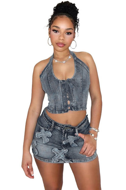 FASHION DENIM TWO PIECE SKIRT SET - Faylinn & Co