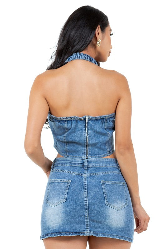 FASHION DENIM TWO PIECE SKIRT SET - Faylinn & Co