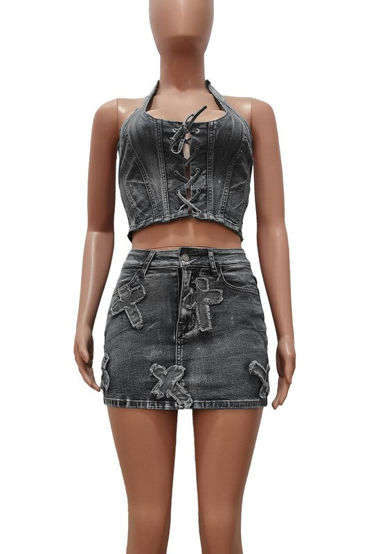 FASHION DENIM TWO PIECE SKIRT SET - Faylinn & Co
