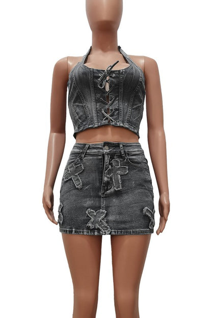 FASHION DENIM TWO PIECE SKIRT SET - Faylinn & Co