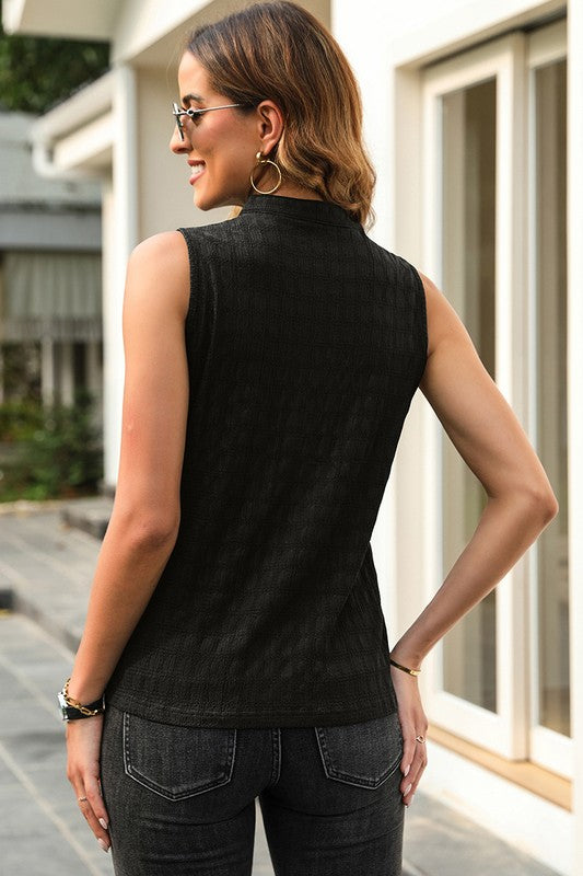 Women Lattice Textured Split Neck Tank Top - Faylinn & Co