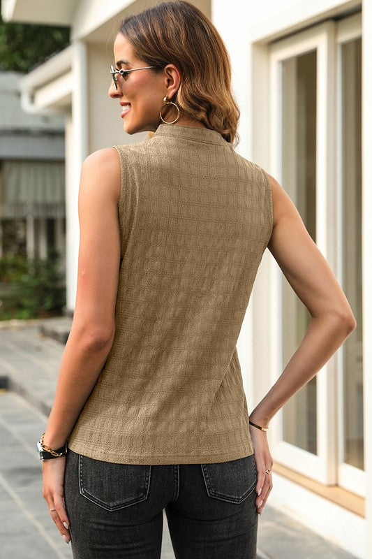 Women Lattice Textured Split Neck Tank Top - Faylinn & Co