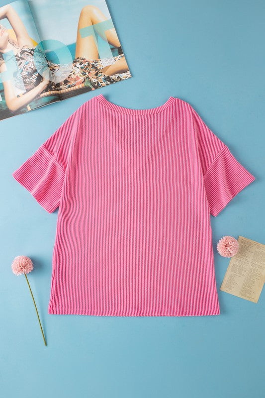 Rose Color Block Patch Pocket Corded V Neck Tee - Faylinn & Co