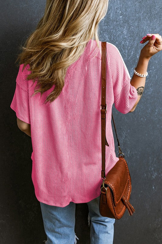 Rose Color Block Patch Pocket Corded V Neck Tee - Faylinn & Co