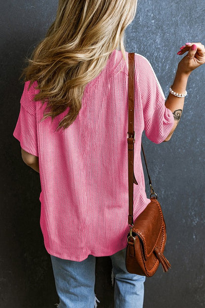 Rose Color Block Patch Pocket Corded V Neck Tee - Faylinn & Co