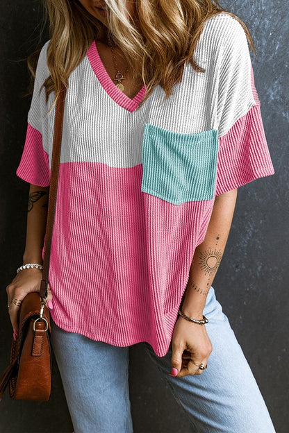 Rose Color Block Patch Pocket Corded V Neck Tee - Faylinn & Co