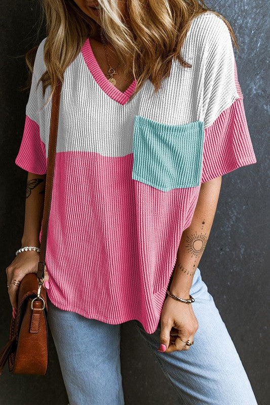 Rose Color Block Patch Pocket Corded V Neck Tee - Faylinn & Co