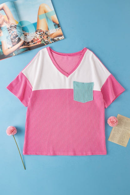 Rose Color Block Patch Pocket Corded V Neck Tee - Faylinn & Co