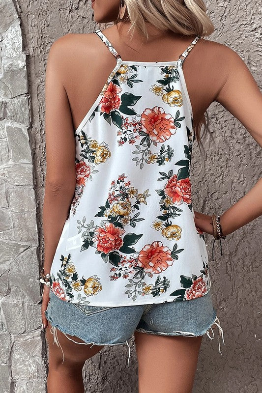 Women Floral Print Lace V Neck Tank Top - Faylinn & Co