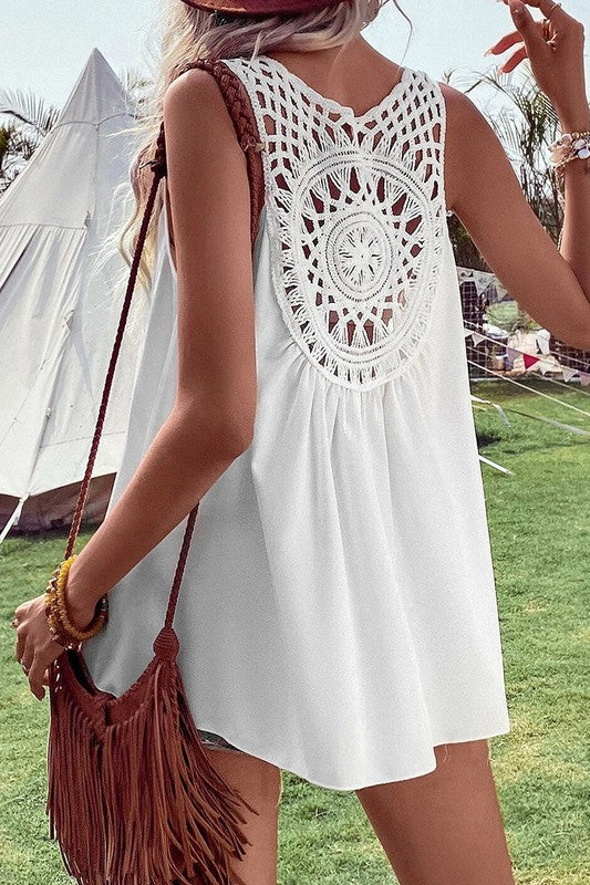 Black Bohemian Crochet Patchwork Sleeveless Tunic - Faylinn & Co