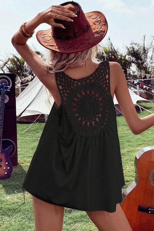 Black Bohemian Crochet Patchwork Sleeveless Tunic - Faylinn & Co