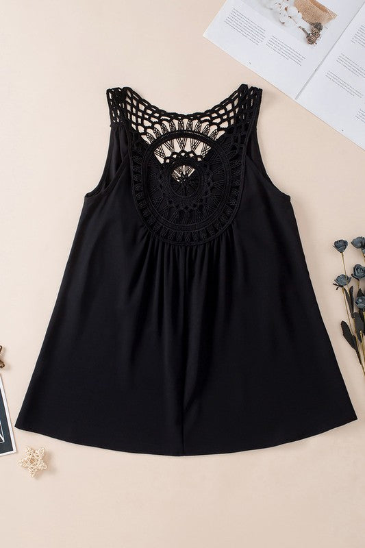 Black Bohemian Crochet Patchwork Sleeveless Tunic - Faylinn & Co