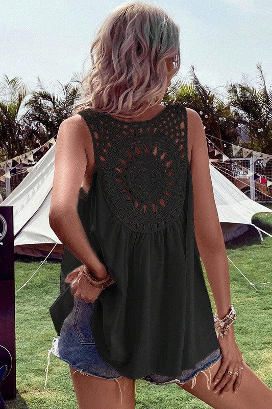 Black Bohemian Crochet Patchwork Sleeveless Tunic - Faylinn & Co