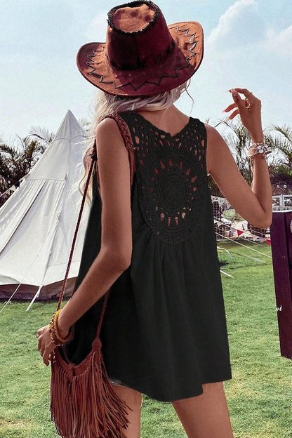 Black Bohemian Crochet Patchwork Sleeveless Tunic - Faylinn & Co