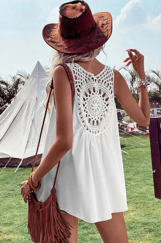 Black Bohemian Crochet Patchwork Sleeveless Tunic - Faylinn & Co