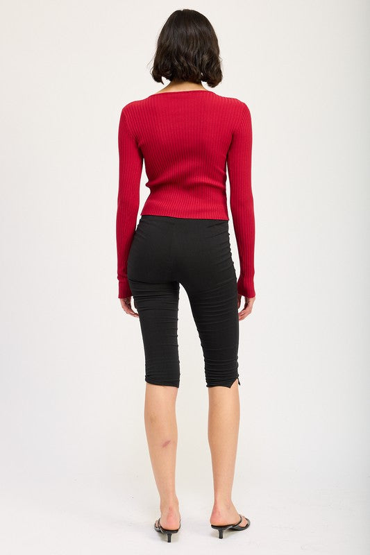 LONG SLEEVE RIBBED TOP WITH BOW DETAIL - Faylinn & Co