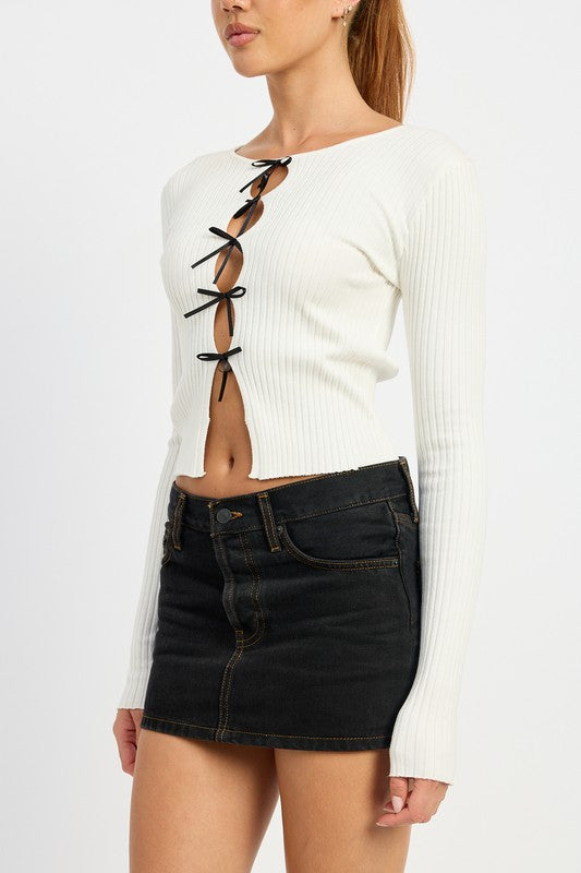 LONG SLEEVE RIBBED TOP WITH BOW DETAIL - Faylinn & Co