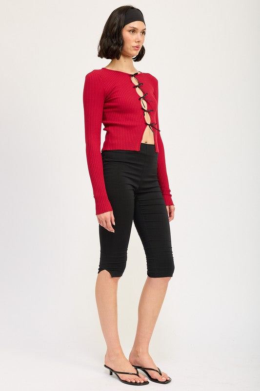 LONG SLEEVE RIBBED TOP WITH BOW DETAIL - Faylinn & Co