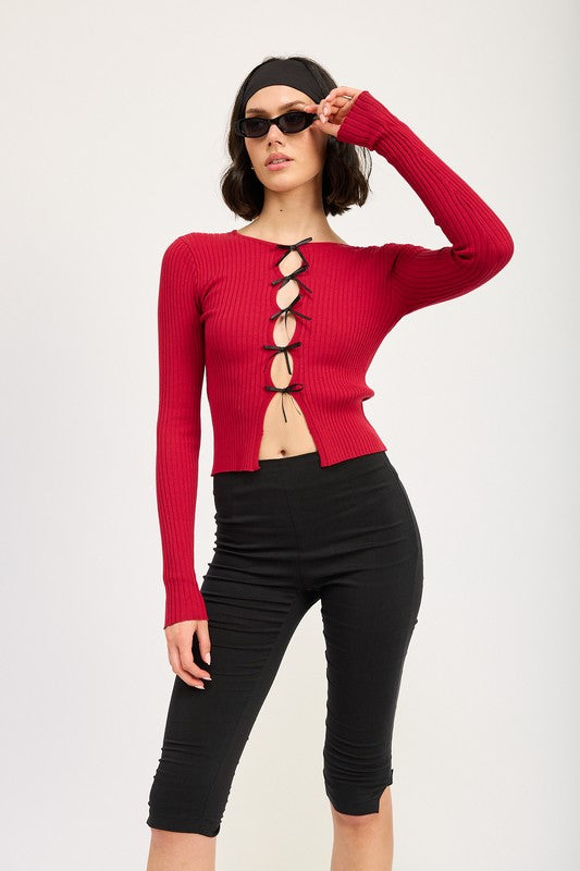 LONG SLEEVE RIBBED TOP WITH BOW DETAIL - Faylinn & Co