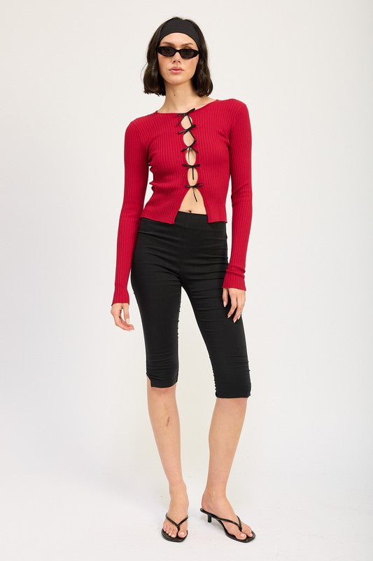 LONG SLEEVE RIBBED TOP WITH BOW DETAIL - Faylinn & Co