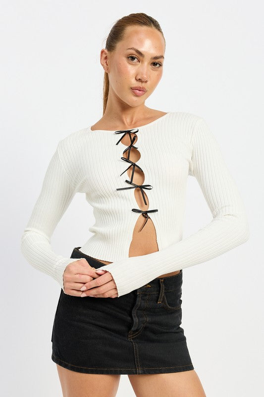 LONG SLEEVE RIBBED TOP WITH BOW DETAIL - Faylinn & Co