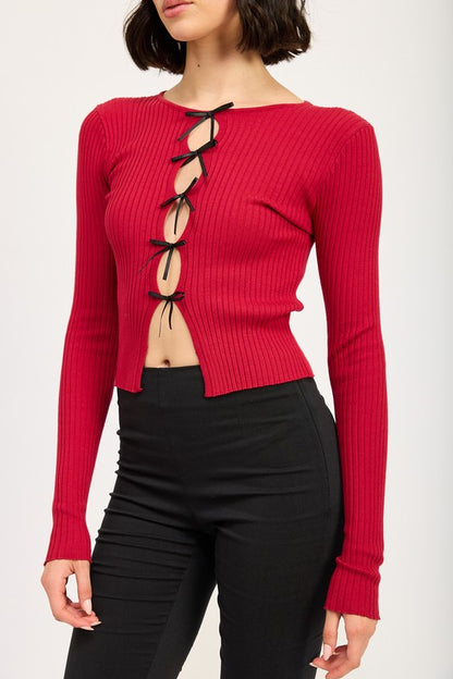 LONG SLEEVE RIBBED TOP WITH BOW DETAIL - Faylinn & Co