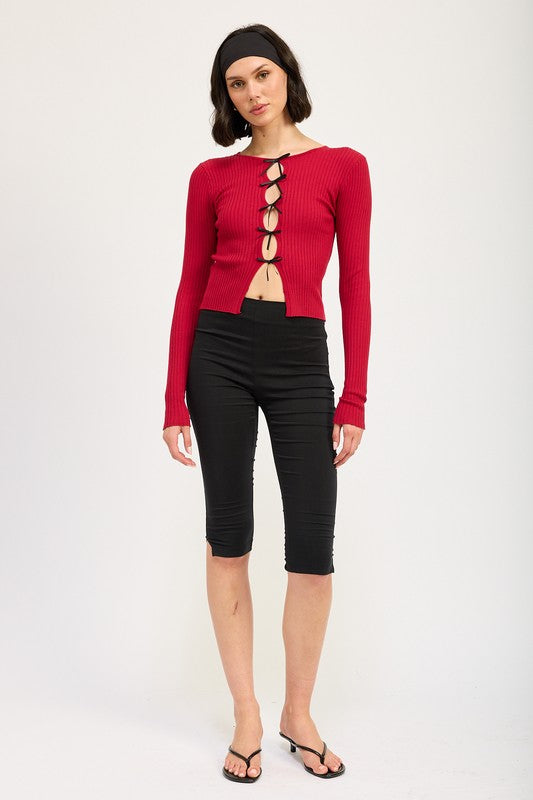 LONG SLEEVE RIBBED TOP WITH BOW DETAIL - Faylinn & Co