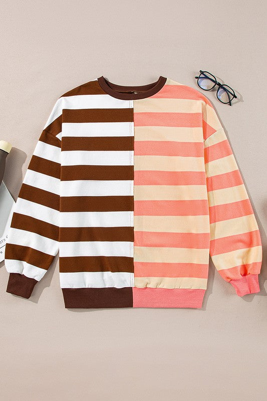 Stripe Color Block Shoulder Pullover Sweatshirt - Faylinn & Co