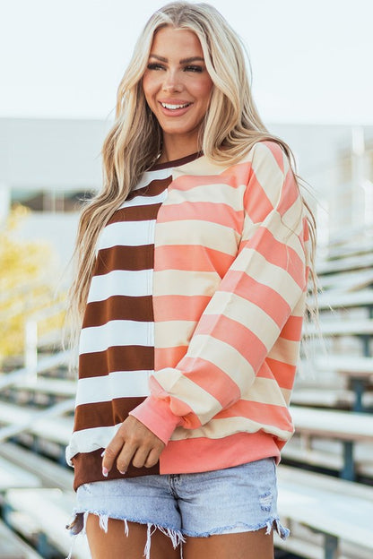 Stripe Color Block Shoulder Pullover Sweatshirt - Faylinn & Co