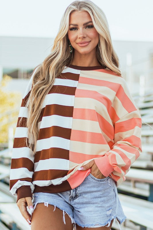 Stripe Color Block Shoulder Pullover Sweatshirt - Faylinn & Co