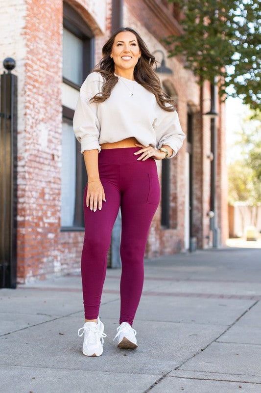 Maroon Full Length Leggings with Pockets - Faylinn & Co