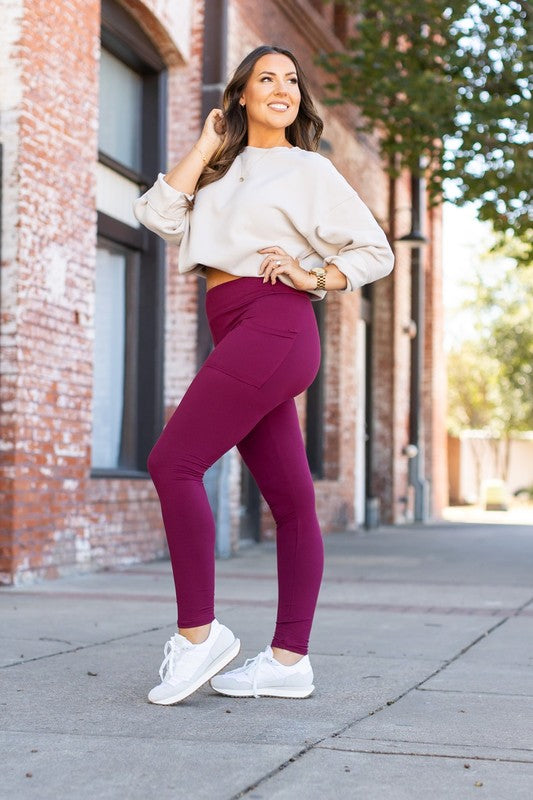 Maroon Full Length Leggings with Pockets - Faylinn & Co