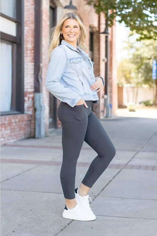 The Amy -7/8 Ankle Length CHARCOAL Leggings Pocket - Faylinn & Co
