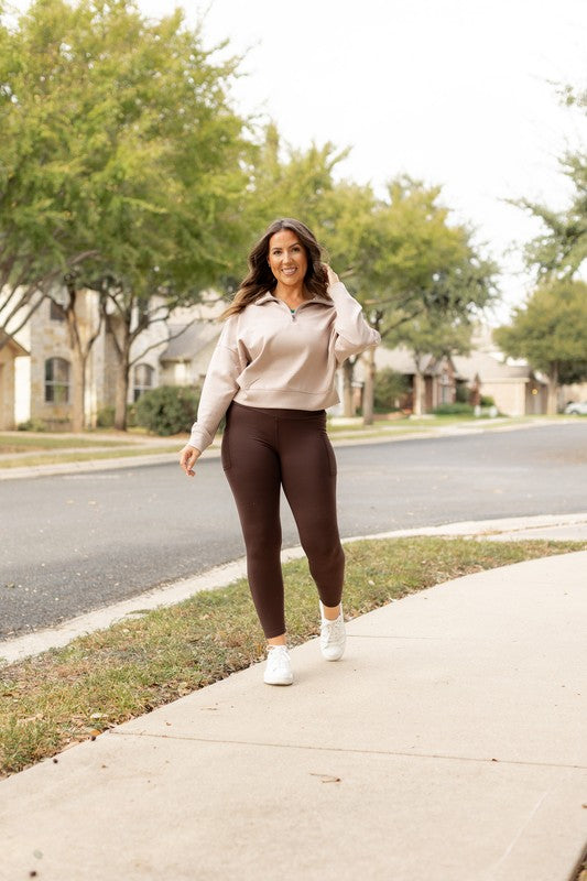 Brown FLEECE Full Length Leggings with Pockets - Faylinn & Co