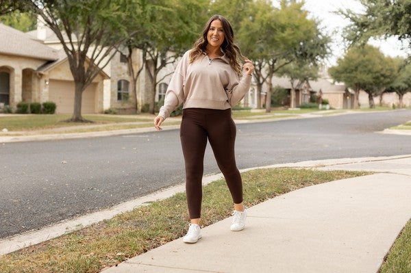 Brown FLEECE Full Length Leggings with Pockets - Faylinn & Co