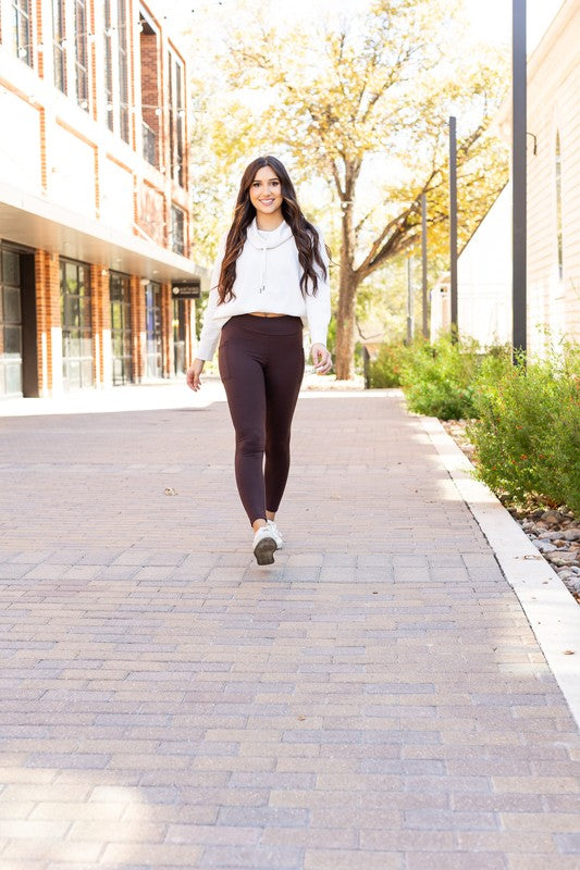 Brown FLEECE Full Length Leggings with Pockets - Faylinn & Co