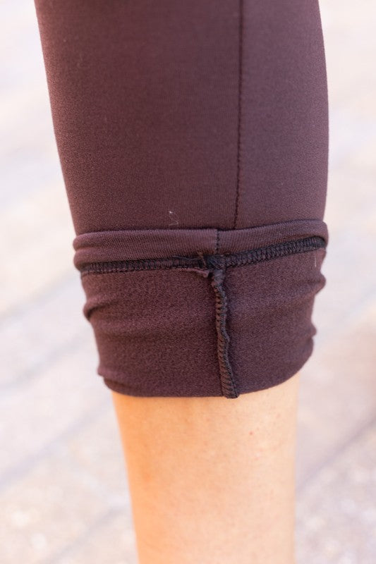 Brown FLEECE Full Length Leggings with Pockets - Faylinn & Co