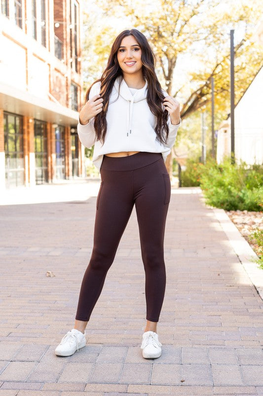 Brown FLEECE Full Length Leggings with Pockets - Faylinn & Co