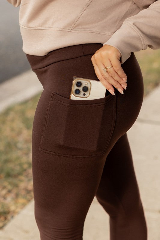Brown FLEECE Full Length Leggings with Pockets - Faylinn & Co