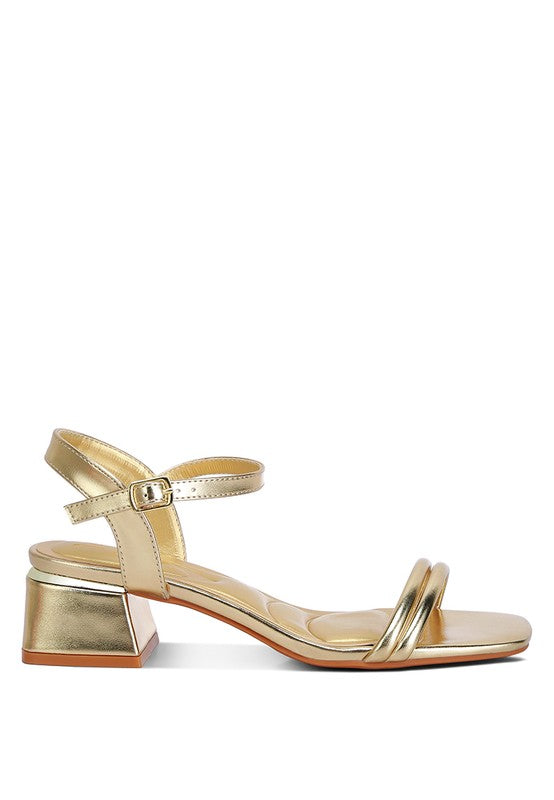 Zabou Metallic Ankle Strap Low Block Heels - Faylinn & Co