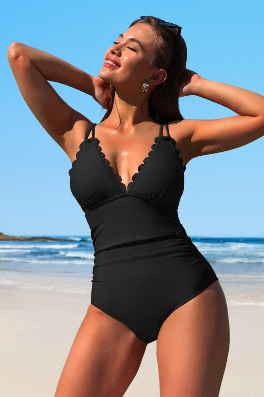 Scalloped V Neck Cut Out Monokini Swimwear - Faylinn & Co