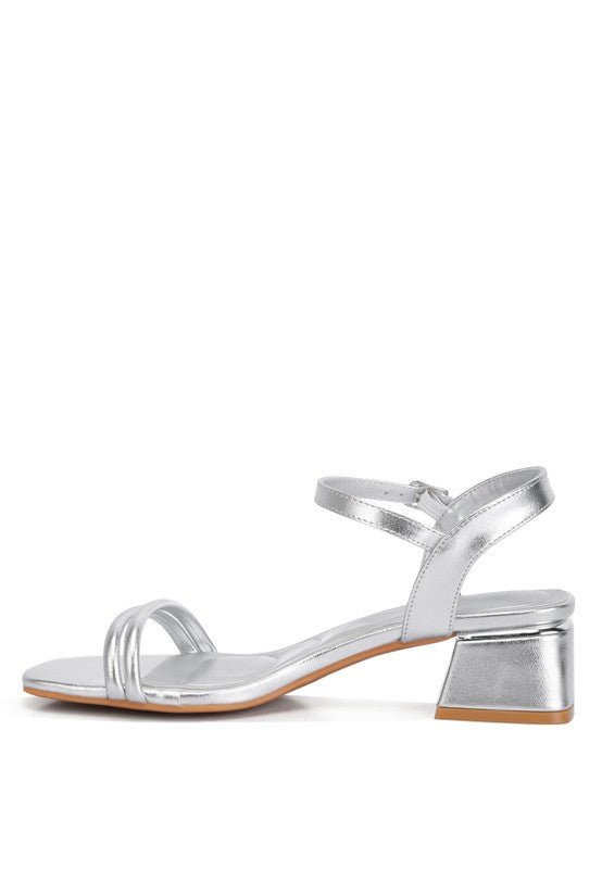 Zabou Metallic Ankle Strap Low Block Heels - Faylinn & Co